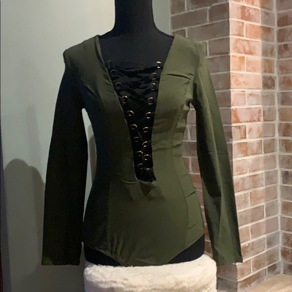 Boutique Olive bodysuit with black lace front